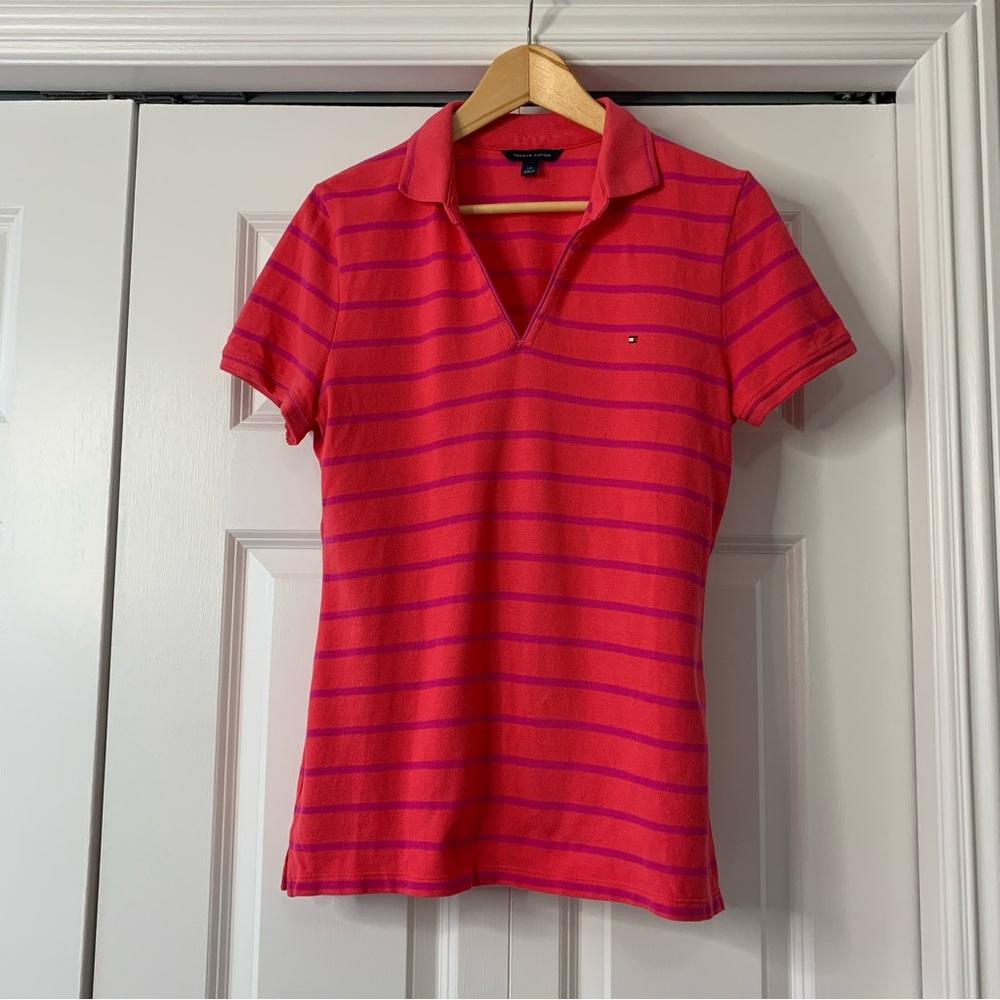 Tommy Hilfiger Women's Red and Pink Striped Short Sleeve Polo Size US L